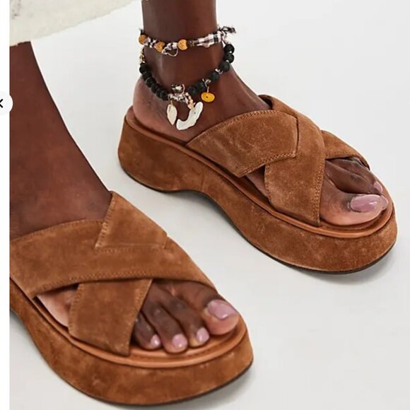 NWOT Free People Asbury Flatform Sandals in Cognac Suede - Picture 2 of 3